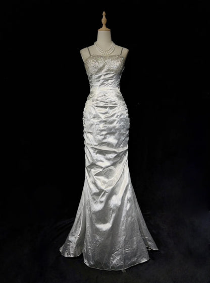 Charming Prom Dresses Mermaid Spaghetti Strap Silver Gray With Beaded Long Formal Evening Outfits N3687