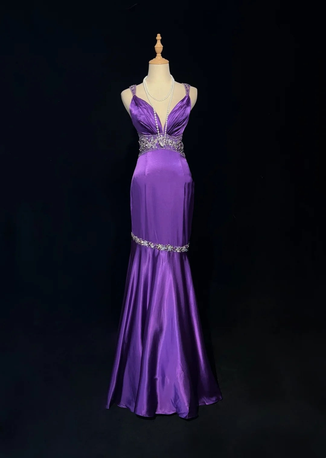 Robes de bal vintage Sirène Bretelles fines Satin années 80 avec perles Dos nu Longue robe de soirée formelle N2515
