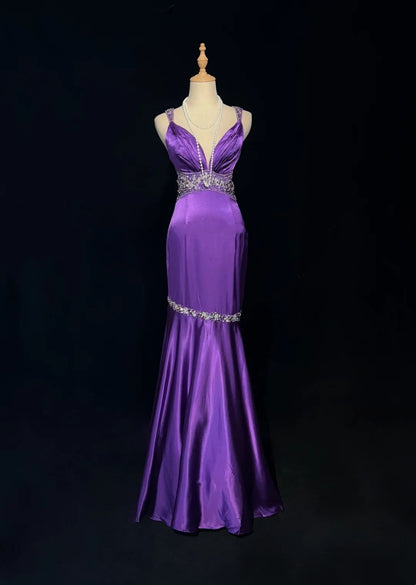 Robes de bal vintage Sirène Bretelles fines Satin années 80 avec perles Dos nu Longue robe de soirée formelle N2515