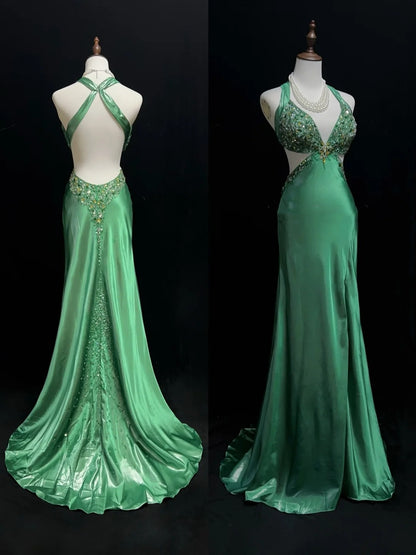 Robes de bal vintage Sirène Halter Dos Nu Vert Perlé Années 90 Longue Robe de Soirée Formelle N2648