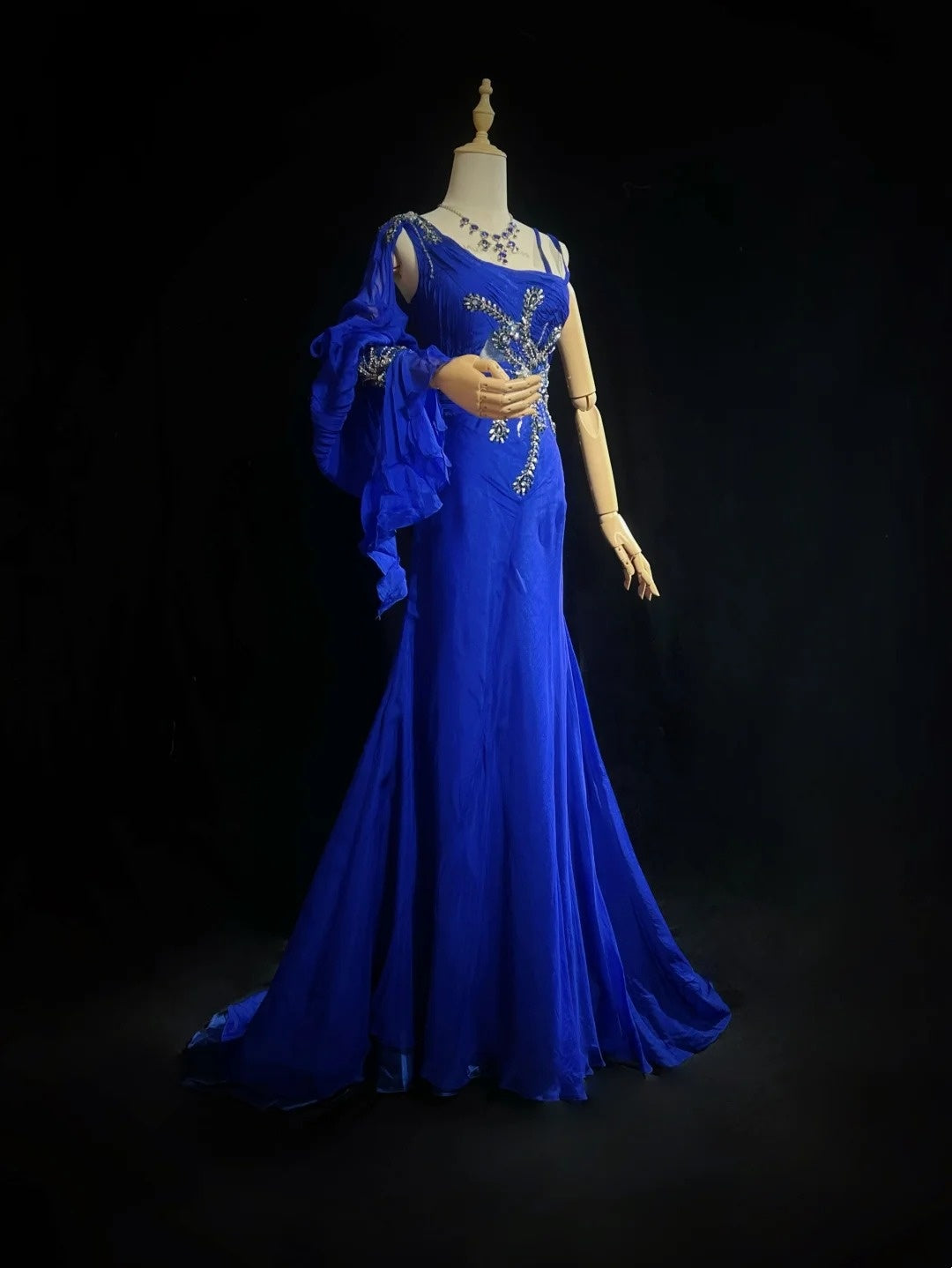 Vintage Abschlussballkleider Inspo Meerjungfrau, One Shoulder, Königsblau mit langen Ärmeln, Perlen, 80er Jahre, langes Abendkleid N2740