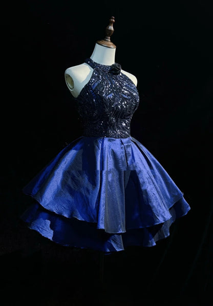 Bescheidene Ballkleid Hochgeschlossen Marineblau Satin Pailletten Ideen für Frauen Kurze Geburtstags Kleider Mini Homecoming Outfits N3272