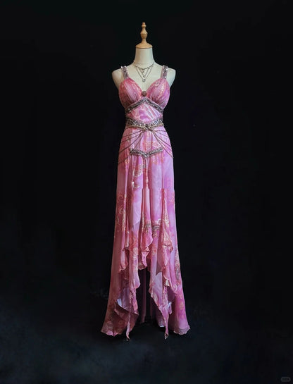 Inspiration robes de bal vintage trapèze asymétrique en mousseline rose avec perles, longue robe de soirée années 80 N2734