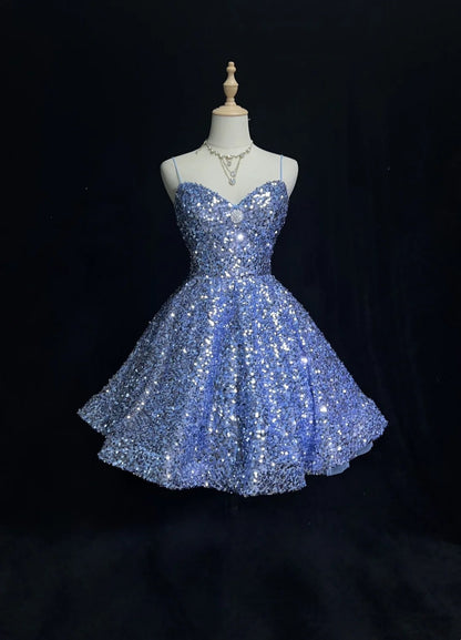 Jolie Robe de Bal Courte à Bretelles Fines Bleue Pailletée Robe de Soirée N2440