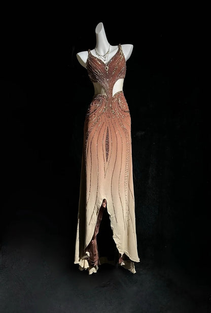 Vintage Prom Dresses 80s A Line Straps Brown Backless Chiffon Long With Beading Evening Formal Outfits RB5134