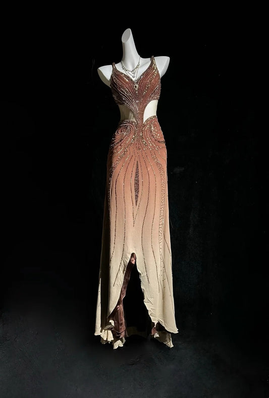 Vintage Prom Dresses 80s A Line Straps Brown Backless Chiffon Long With Beading Evening Formal Outfits RB5134