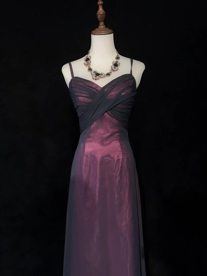 Vintage Abschlussball-Kleider, A-Linie, Spaghettiträger, Burgund, Schwarz, Chiffon, langes Abendkleid N3016
