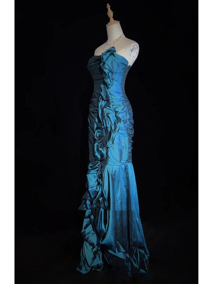 Belles Robes de Bal Sirène Bustier Bleu avec Corsage Volanté Longues Tenues de Soirée N3358