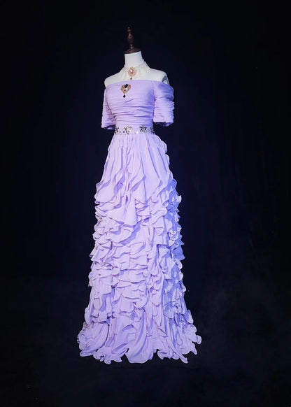 Vintage Prom Dresses A line Off The Shoulder Lilac Layers With Ruffles Short Sleeves Long Formal Dress N2511