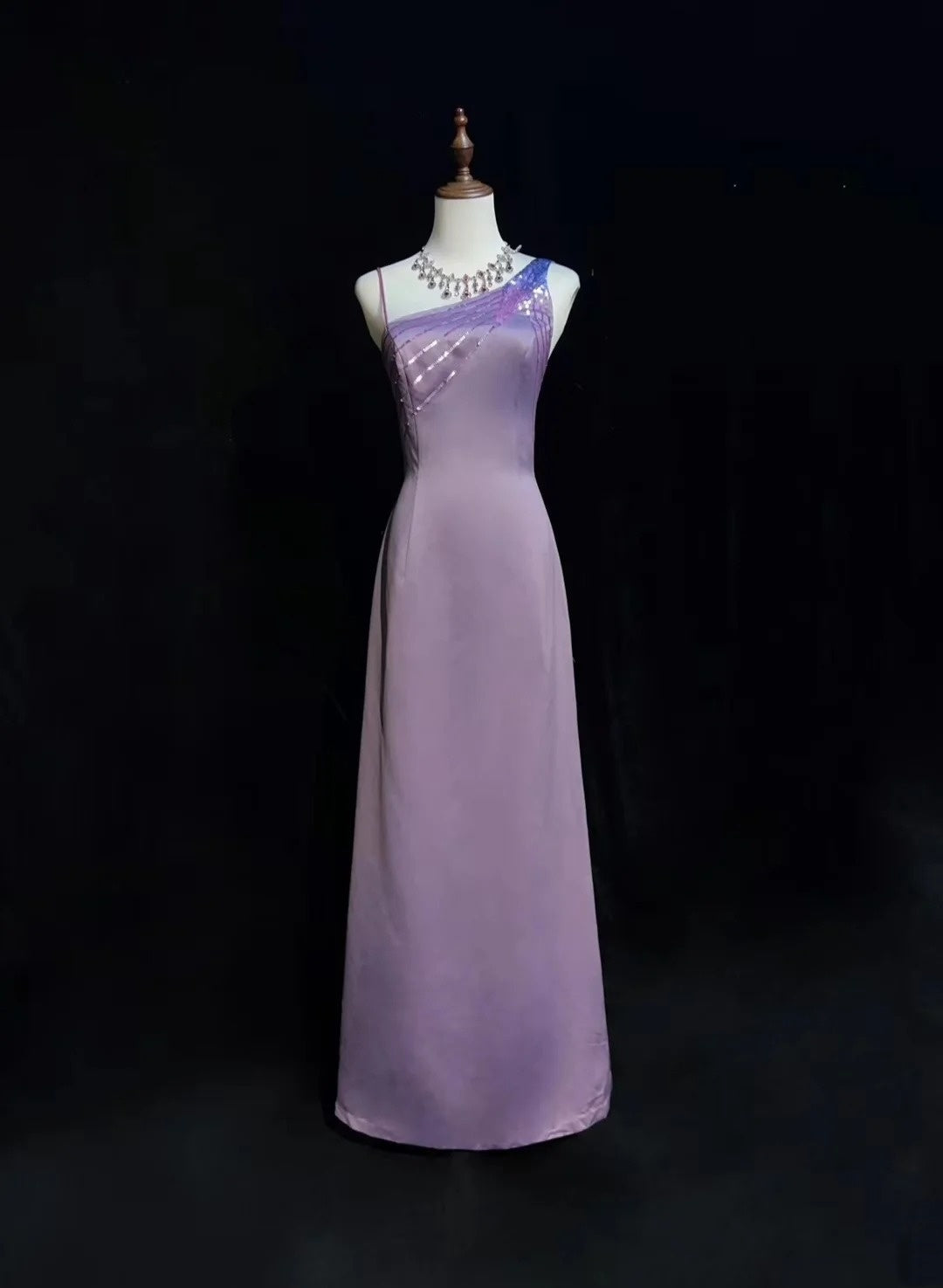 Vintage Abschlussballkleider A-Linie Lila Satin Ärmellos 70er Perlen Festliches Kleid N2568