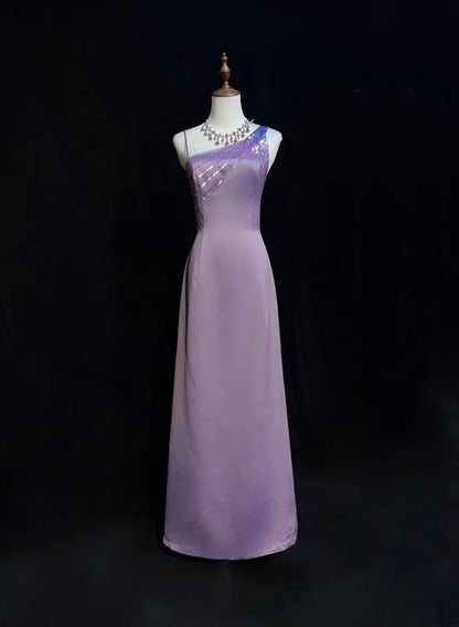 Vintage Abschlussballkleider A-Linie Lila Satin Ärmellos 70er Perlen Festliches Kleid N2568