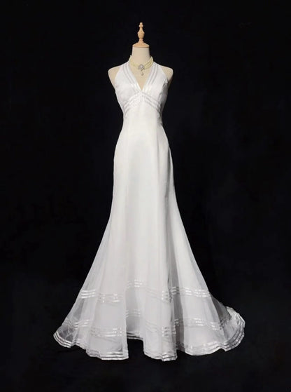 Vintage 20er Brautkleider Meerjungfrau Neckholder Weiß Schlicht Sommer Garten Langes Brautkleid N3702