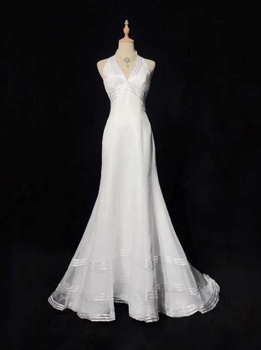 Vintage 20s Wedding Dresses Mermaid Halter White Plain Summer Garden Long Bridal Gown N3702