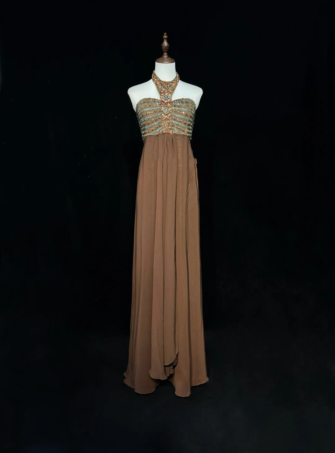 Robes de bal vintage en mousseline de soie marron avec perles coupe trapèze dos nu, robe de soirée longue années 90 N2592