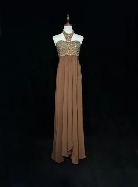 Vintage Prom Dresses A line Halter Brown Chiffon With Beading 90s Long Formal Gown N2592