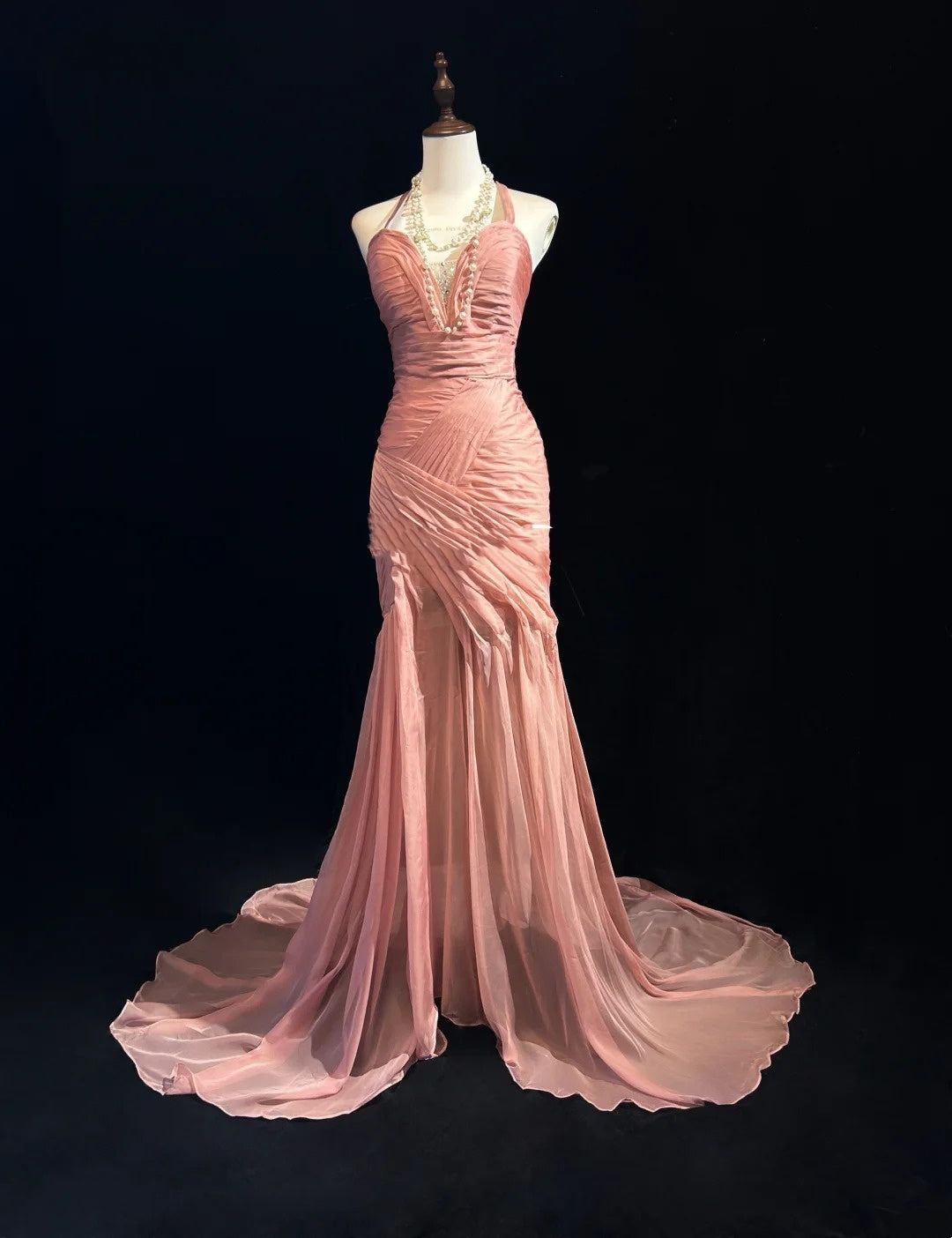 Vintage Meerjungfrau Halter Rosa Mit Falten Ärmelloses Langes Abendkleid Ballkleid Geburtstag Prom Kleider N2447