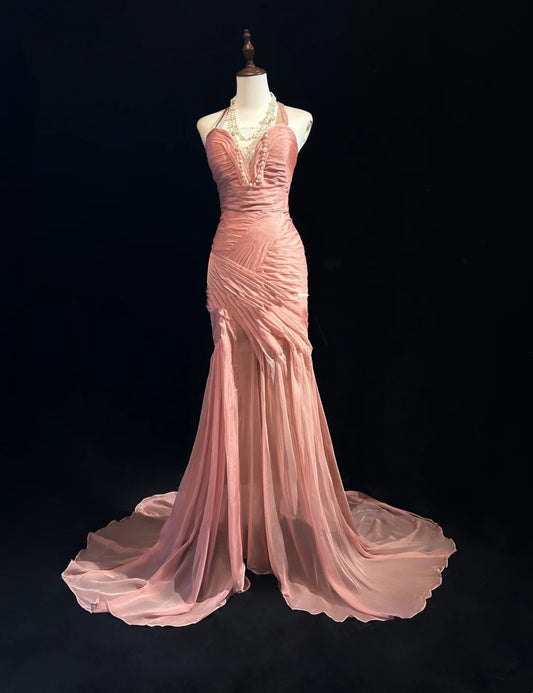 Vintage Mermaid Halter Pink With Folds Sleeveless Long Formal Dress Gown Birthday Prom Dresses N2447