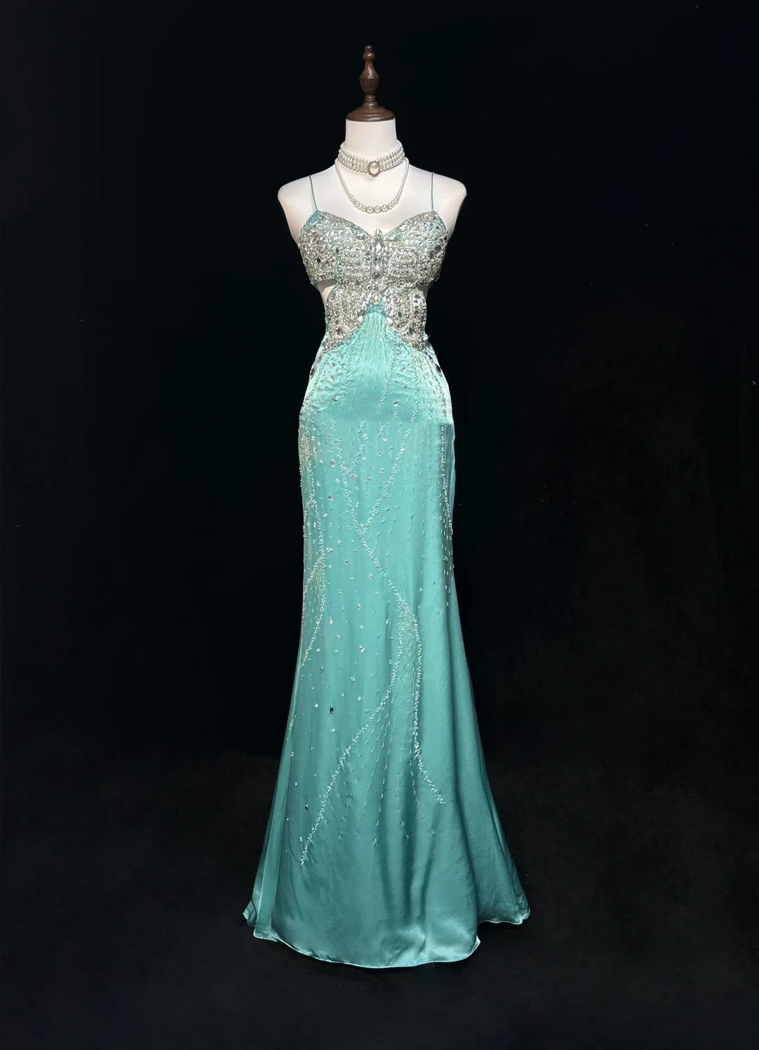 Elegante Abschlussballkleider Meerjungfrau Spaghettiträger Rückenfrei Tiffany-Blau Chiffon Mit Perlen Lang Formelle Abendgarderobe N3708