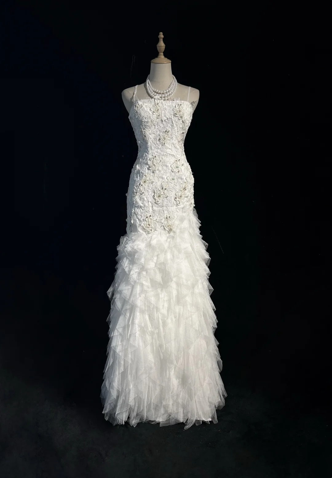 Timeless Mermaid Spaghetti Straps White Tulle Lace With Wedding Ruffled Bridal Gown Long Wedding Dresses RB4325