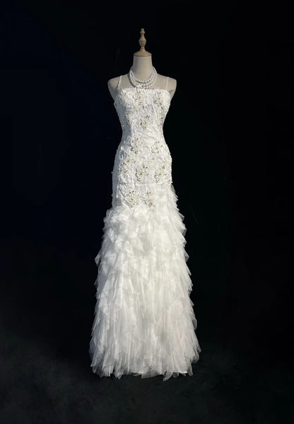 Timeless Mermaid Spaghetti Straps White Tulle Lace With Wedding Ruffled Bridal Gown Long Wedding Dresses RB4325