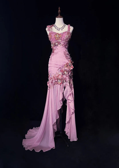 Elegantes Etui Spaghetti-Träger Rosafarbenes Chiffonkleid mit Perlenbesetztem Oberteil High-Low Ballkleid N2736