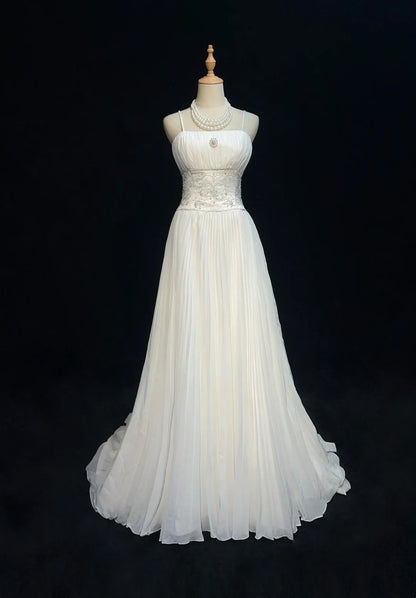Vintage 90er Brautkleider A-Linie Spaghettiträger Chiffon Weiß Plissiert Sommergarten Langes Brautkleid N3830