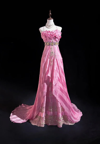 Vintage Abschlussballkleider Spaghettiträger Meerjungfrau Pink mit Goldspitze Lange formelle Abendkleider N3862