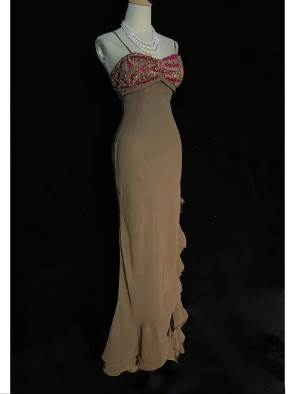 Robes de bal vintage des années 90, sirène, bretelles spaghetti, mousseline, longues, pour soirées semi-formelles N3655