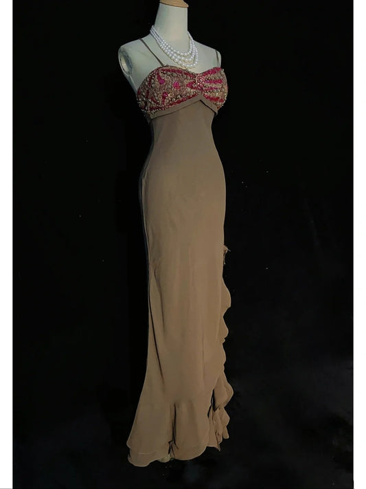 Vintage Prom Dresses 90s Mermaid Spaghetti Strap Chiffon Long Semi Formal Evening Outfits N3655