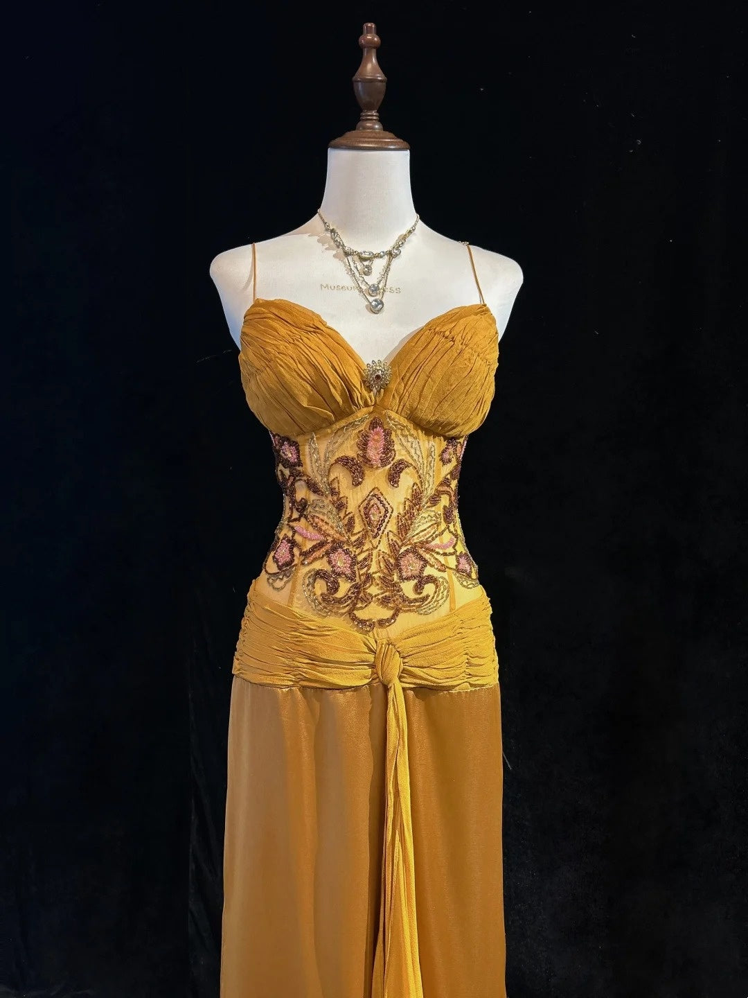 Vintage Abschlussballkleider Meerjungfrau Spaghettiträger Gold mit Rüschenperlen Chiffon 90er Jahre Abendkleid N2588