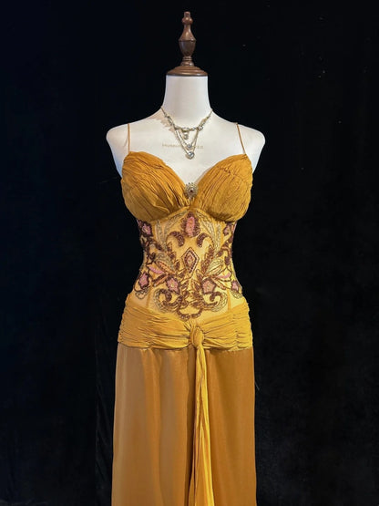 Vintage Abschlussballkleider Meerjungfrau Spaghettiträger Gold mit Rüschenperlen Chiffon 90er Jahre Abendkleid N2588