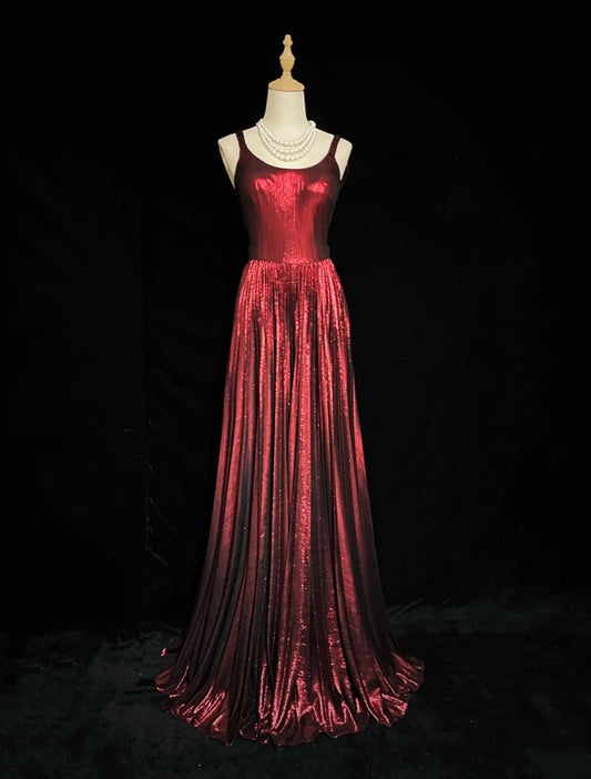 Vintage Prom Dresses 80s A line Spaghetti Strap Burgundy Backless Long Semi Formal Evening Outfits N3647