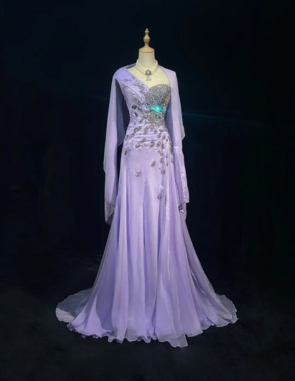 Elegantes A-Linien-Kleid aus lila Chiffon mit einem Ärmel und silberfarbenem Perlen-Oberteil, langes Ballkleid N2725