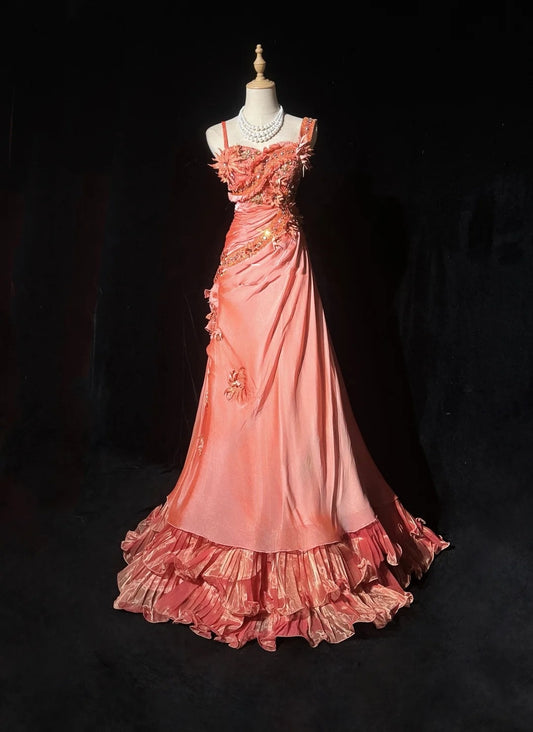 Vintage Prom Dresses 1980s Mermaid Sweetheart Satin Coral Long With Pleated Beading Evening Outfits N3130