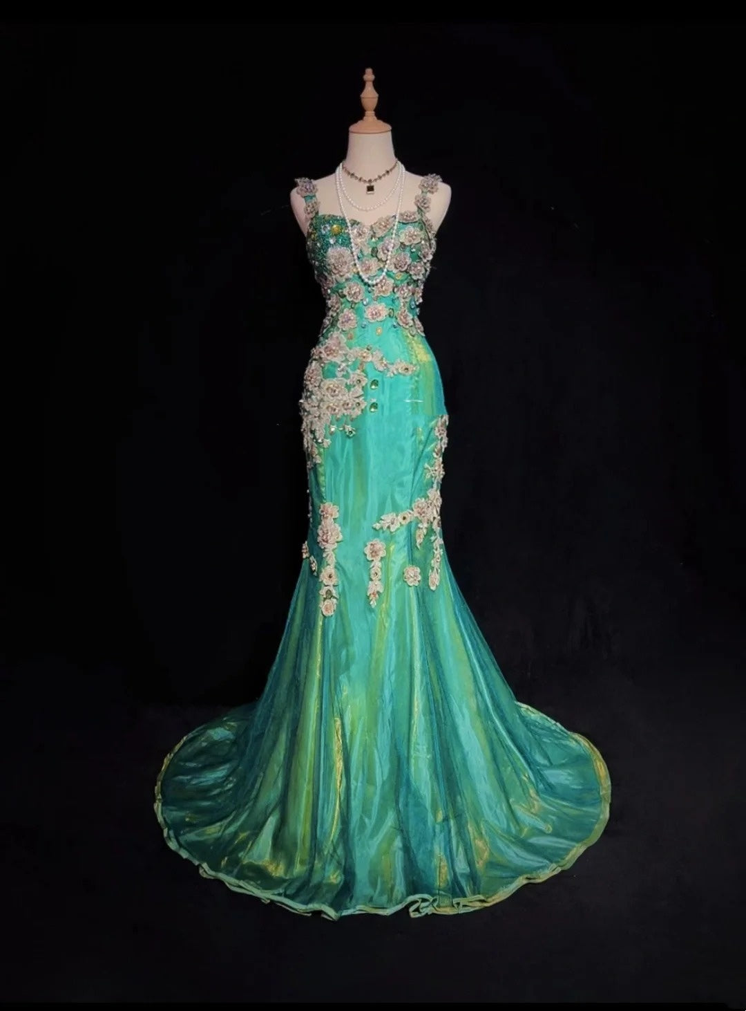 Robes de bal vintage Sirène bustier vert en tulle des années 70 avec perles appliquées Robe de soirée N2533
