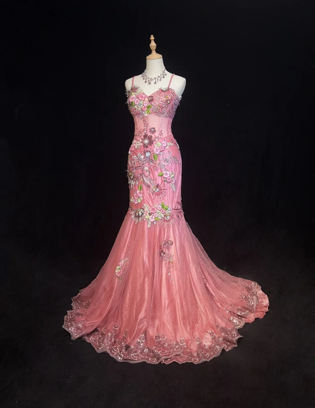 Vintage Abschlussballkleider Meerjungfrau Spaghettiträger Rosa Spitze mit Perlen 90er Lange Abendrobe N2890