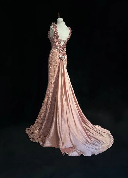 Vintage Meerjungfrauen-Abschlussballkleider mit V-Ausschnitt, rosa Spitze mit 3D-Blumen, lange Abendrobe aus den 1950er Jahren N2594