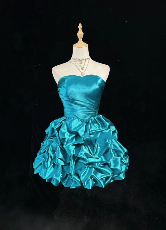 Vintage Ball Gown Sweetheart Blue Satin 12th Grad Short Mini length Aesthetic Look Homecoming Dresses RB4337