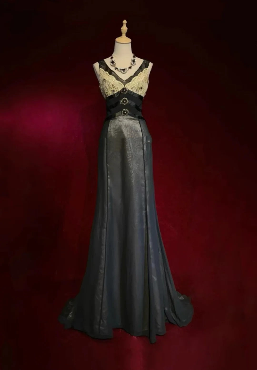 Vintage Prom Dresses Mermaid V Neck Beaded Satin Black 80s Evening Formal Dress RB3272