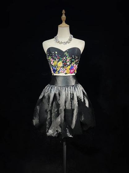 Süßes Ballkleid 2-teilig Schwarz Geblümt Satin Ideen für Damen Kurze Länge Geburtstagskleider Homecoming Outfits N3449