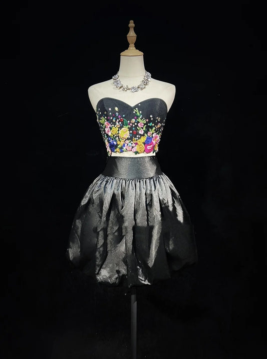 Cute Ball Gown 2 Pieces Black Floral Satin Ideas For Women Short Length Birthday Dresses Homecoming Outfits N3449