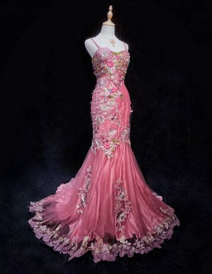 Belles robes de bal sirène à bretelles spaghetti roses avec perles et fleurs longues tenues de soirée N3318