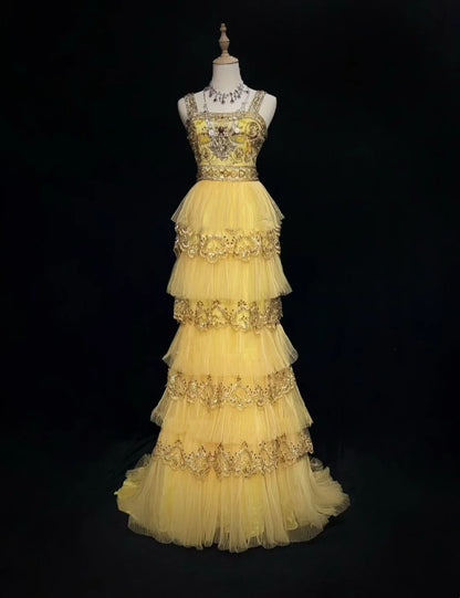 Vintage Abschlussball Ästhetik Kleider A-Linie Quadratausschnitt Gelb Gestufte Lagen mit Perlen Lang Abendkleid N3060