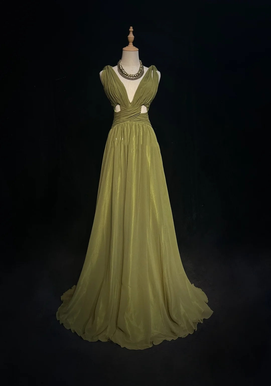 Vintage Prom Dresses A line V Neck Olive Green With Ruffle Chiffon Floor Length 80s Formal Gown N2586