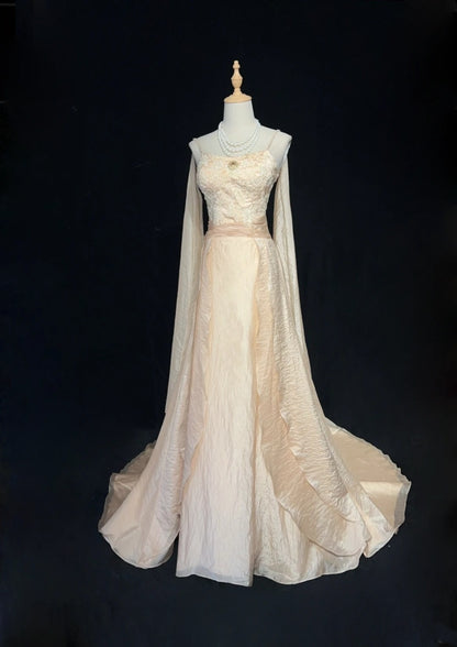 Vintage Abschlussballkleider A-Linie Spaghettiträger Champagner mit langen Ärmeln 90er Abendkleid N3001