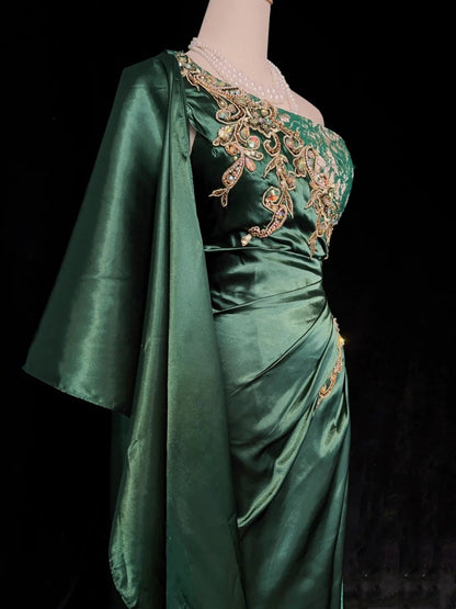Vintage Prom Dresses Inspo Meerjungfrau Ein-Schulter Dunkel Smaragdgrün 1990er Mit Gold Spitze Abendkleider N3320