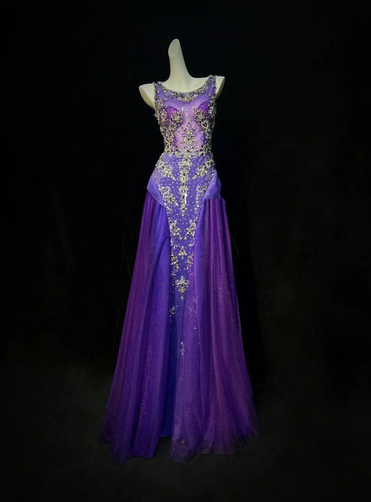 Vintage Prom Dresses 90s Mermaid Scoop Purple Tulle Long With Beading Evening Formal Outfits RB5145