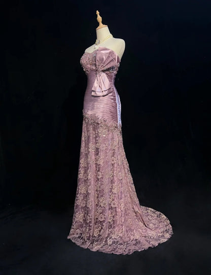Elegante Abschlussballkleider Meerjungfrau Sweetheart Flieder Tüll Spitze mit Perlen langes Abendkleid N2909