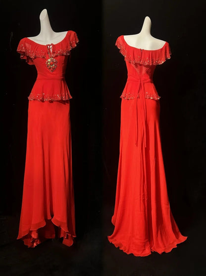 Vintage Prom Dresses 80s Sheath Scoop Red Chiffon Long With Beading Evening Formal Outfits RB5140