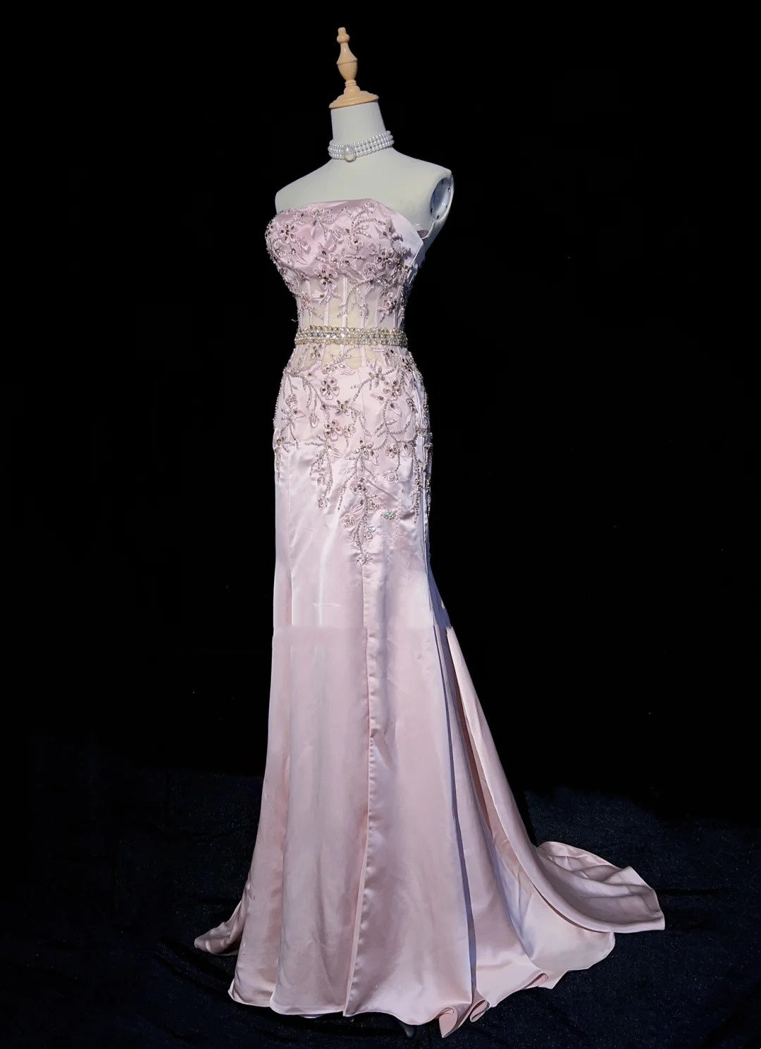 Vintage Abschlussballkleider 80er Meerjungfrau Trägerlos Rosa Satin Applikation Lange Formelle Abendgarderobe N3480
